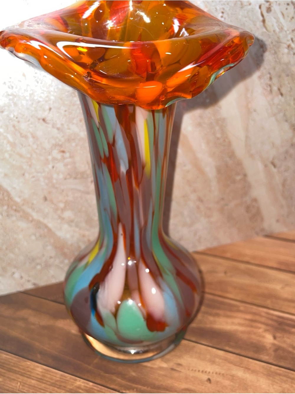 Hand Blown Art Glass Vase Multi Color Spatter Confetti Ruffled Flared Rim 2002